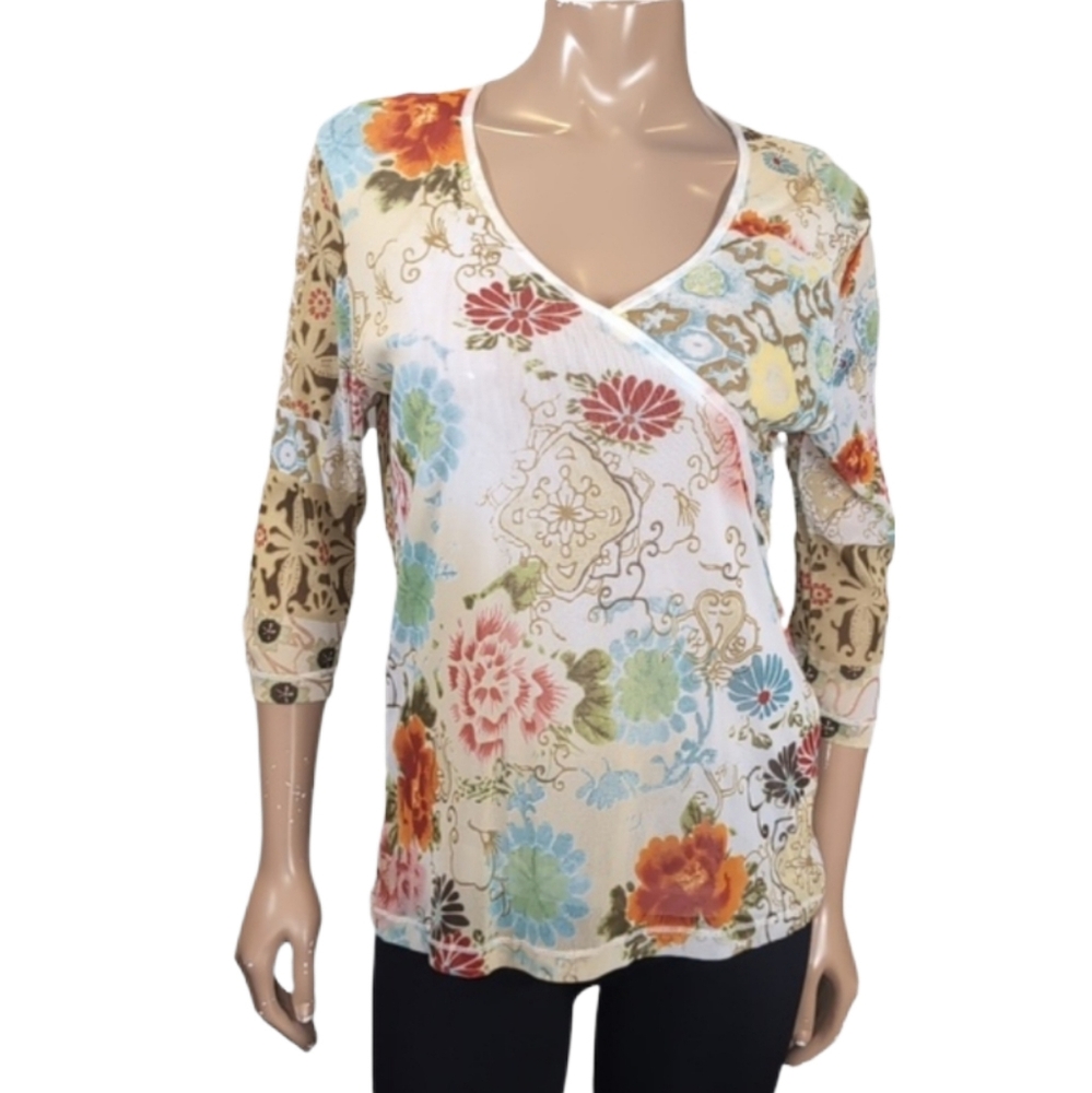 Vintage Y2K Olsen Floral Vneck Mesh Blouse Womens Size 12 Multicolour Top